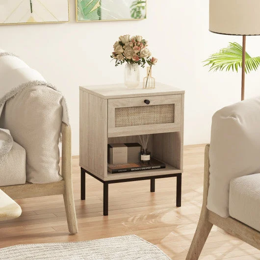 COSTWAY Rattan Nightstand Boho End Table With Rattan Drawer & Open Shelf-Oak
