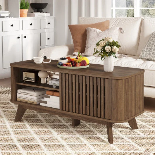 COSTWAY Rectangular Coffee Table With Storage and Adjustable Shelves-Walnut