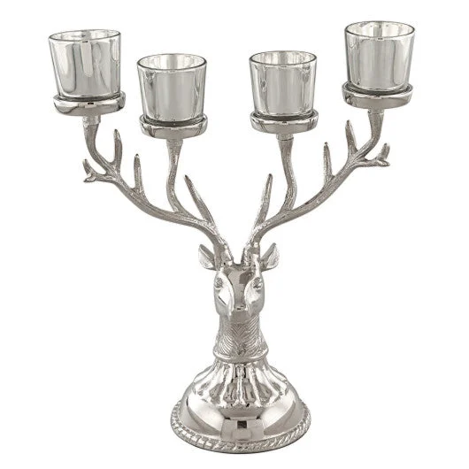 COSTWAY Reindeer Candle Holder Christmas Ornament for 4 Candles Aluminum Decoration-Silver