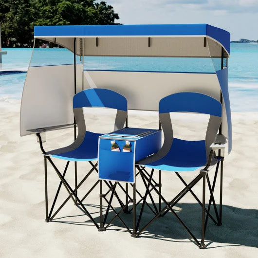 COSTWAY Double Beach Chair With Adjustable Canopy and 3 -Side Shading Curtains-Navy
