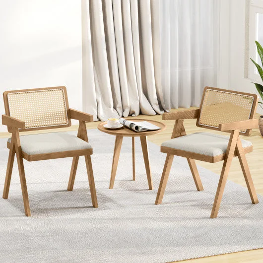 COSTWAY Set of 2 Rattan Accent Chairs With Padded Cushion and Rubber Wood Frame-Beige
