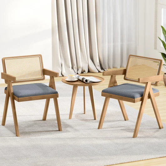 COSTWAY Set of 2 Rattan Accent Chairs With Padded Cushion and Rubber Wood Frame-Gray