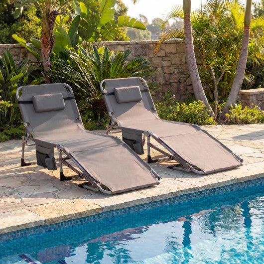 COSTWAY Set of 2 Tanning Chairs With Face Arm Holes Portable With 4-Level Backrest-Gray
