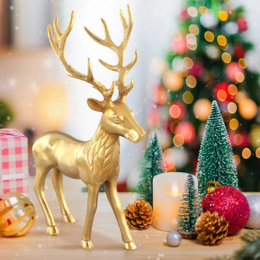 COSTWAY Standing Reindeer Statue Aluminum Deer Sculpture for Indoors Christmas Decor-Golden