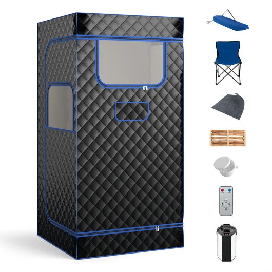 COSTWAY Portable Steam Sauna With 3L Steam Generator Remote Control Wood Foot Massager and Foldable Chair for Home-Black