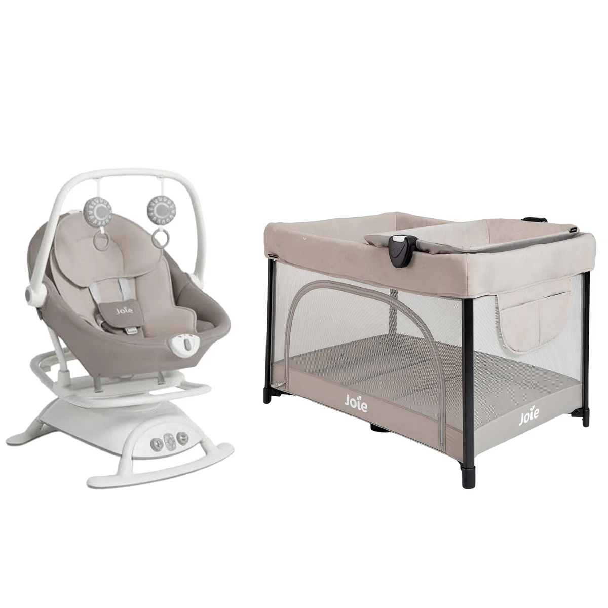 Joie Sesame LX Playard - Dove + Cinnamon 2-in-1 Glider and Rocker – Walnut Brown