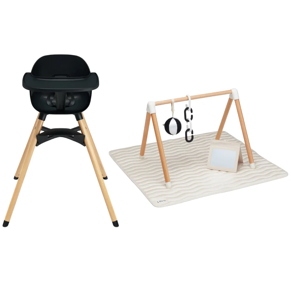Lalo The Chair High Chair - Licorice + Play Gym Activity Set - Oatmeal Bundle Set