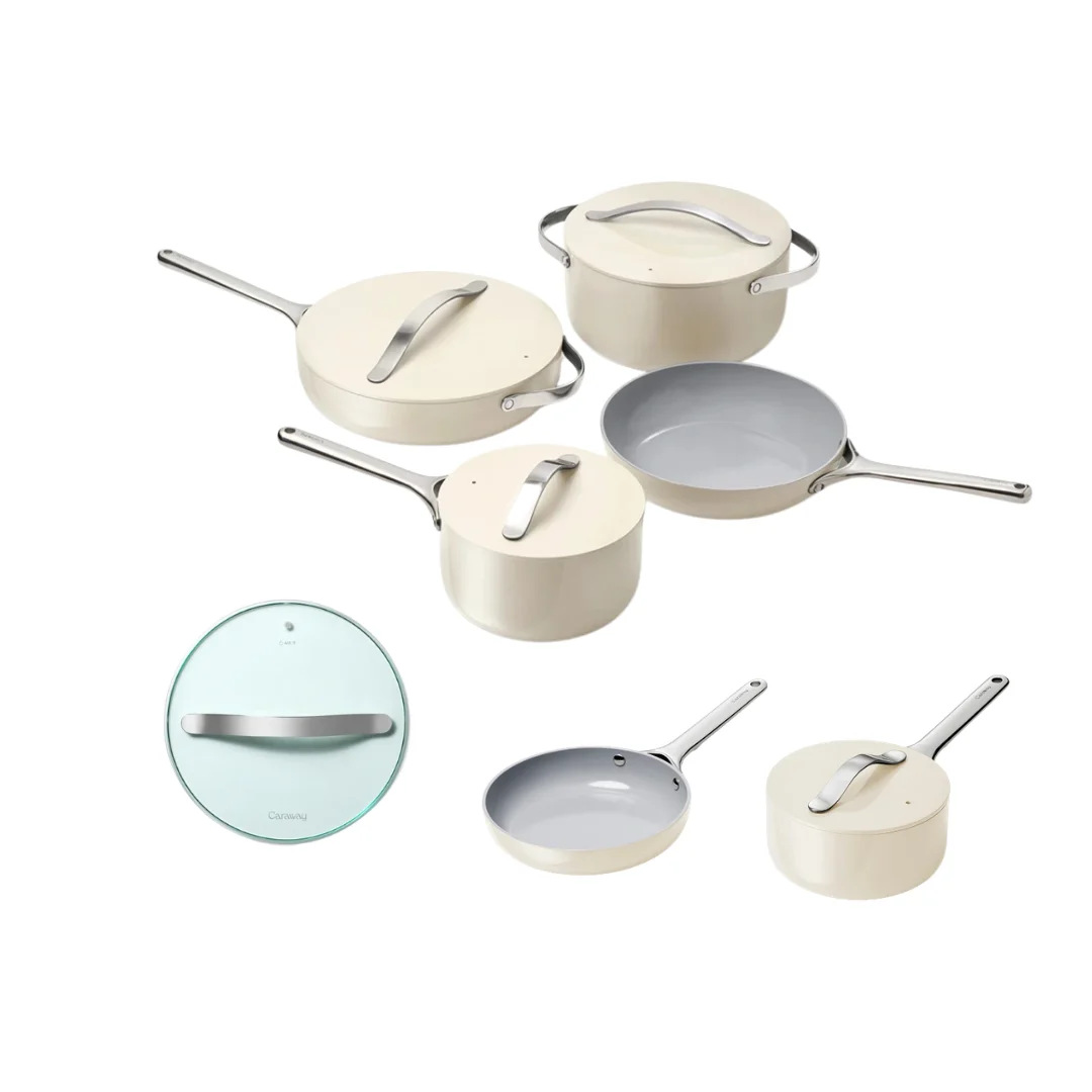 Caraway 12-Piece Cookware and Mini Duo Bundle + Glass Lid - Cream