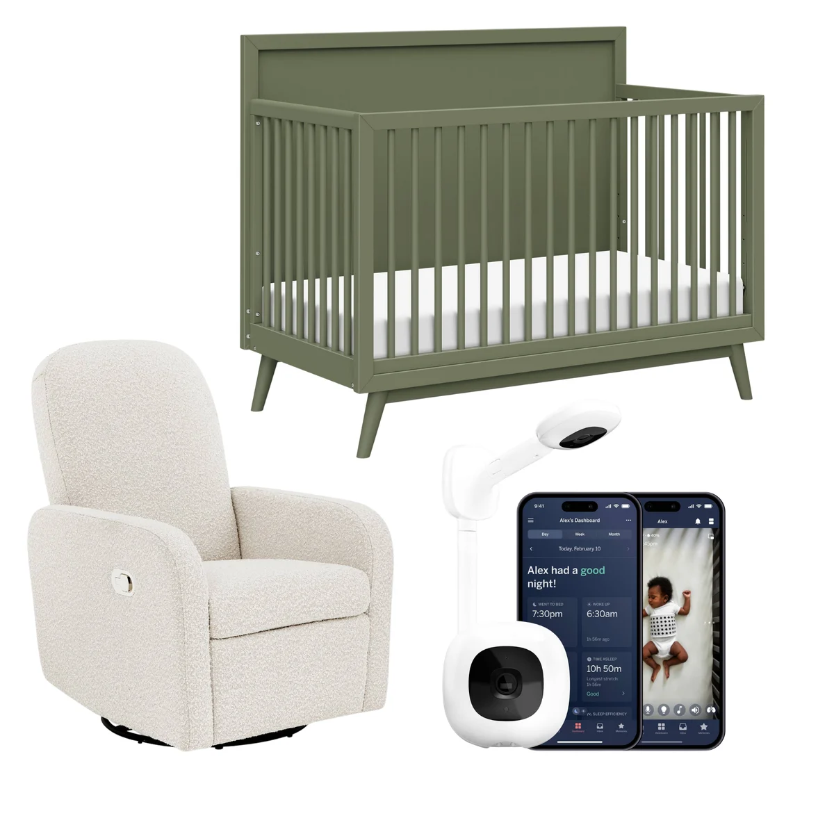 REBEL Nanit Pro Smart Baby Monitor, Teddy Recliner Chair & Palma 4-in-1 Convertible Crib Bundle