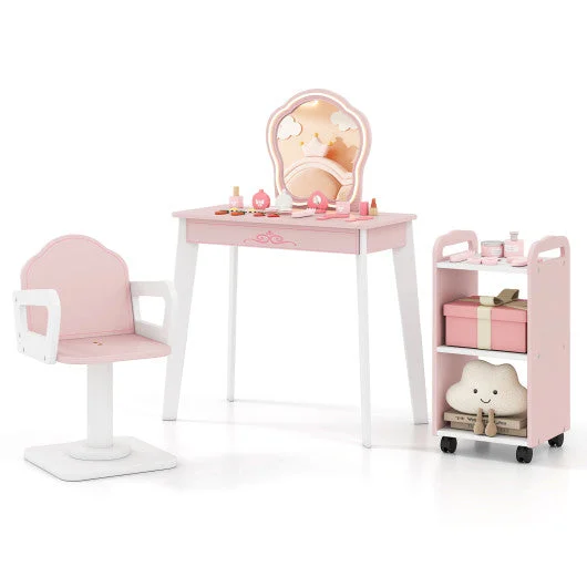 COSTWAY Wooden Kids Hair Salon Play Set With LED Lighted Mirror-Pink