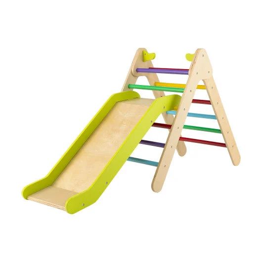 COSTWAY 2-in-1 Wooden Triangle Climber Set With Gradient Adjustable Slide-Multicolor
