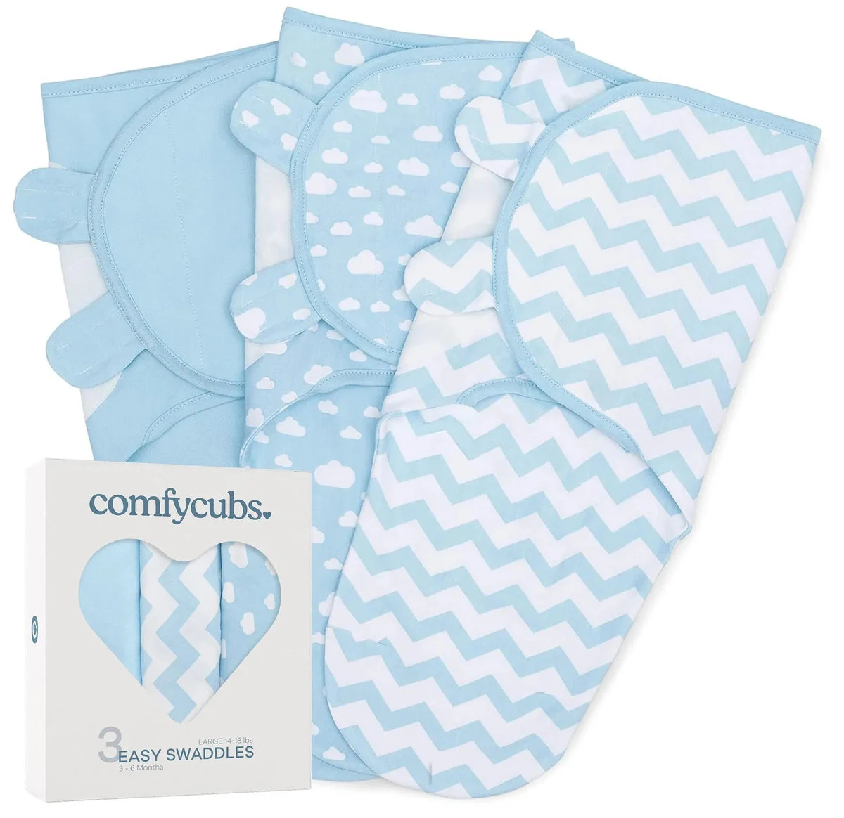 Comfy Cubs Swaddle Blankets 3 Pack Sleep Sack Velcro - Large 3-6 Months
