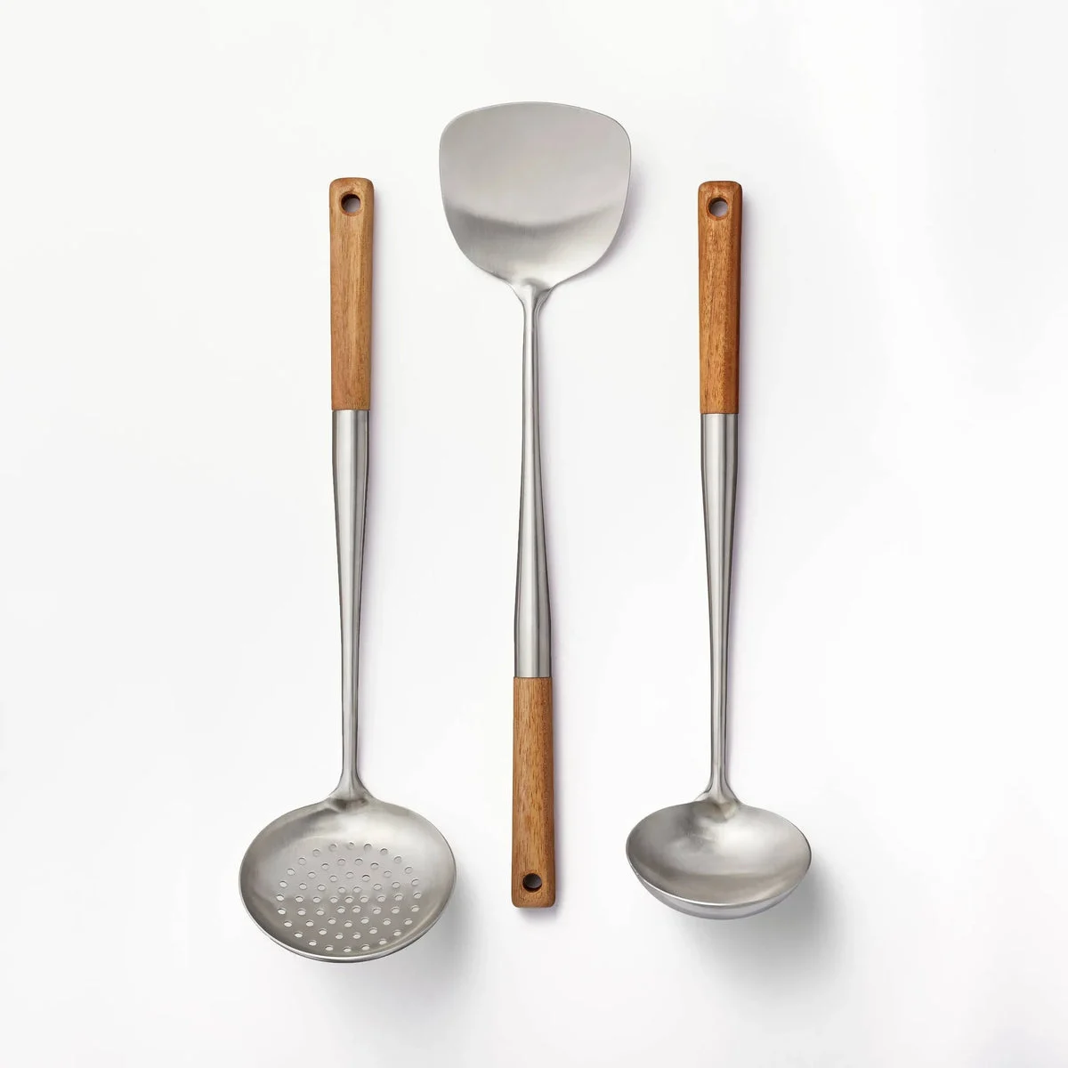 Figmint 3pc Wok Tools Set Brown - ™: Stainless Steel & Wood Kitchen Utensils, Includes Skimmer, Turner, Ladle