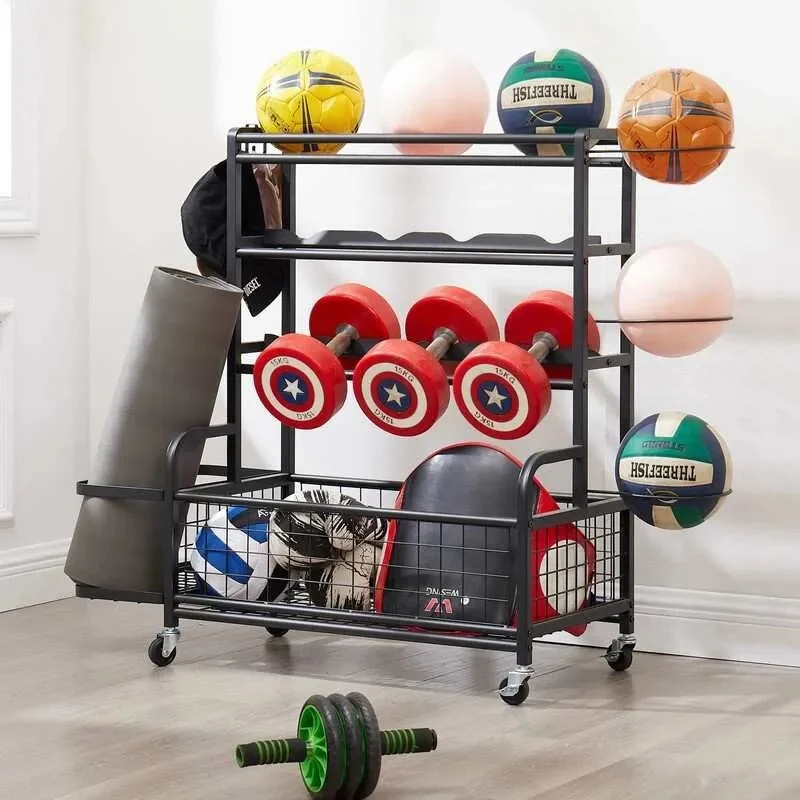Mieres Garage Sports Equipment Organizer, 4-Tier Metal Storage Organizer, Ball Storage Cart with Baskets and Hooks for Indoor