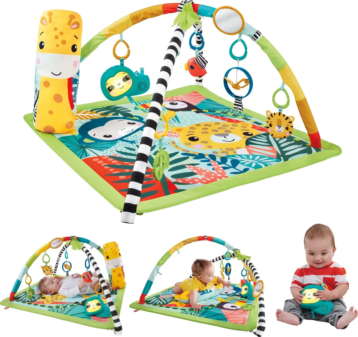 Fisher-Price 3-in-1 Rainforest Sensory Gym with Tummy Wedge and 6 Baby Toys