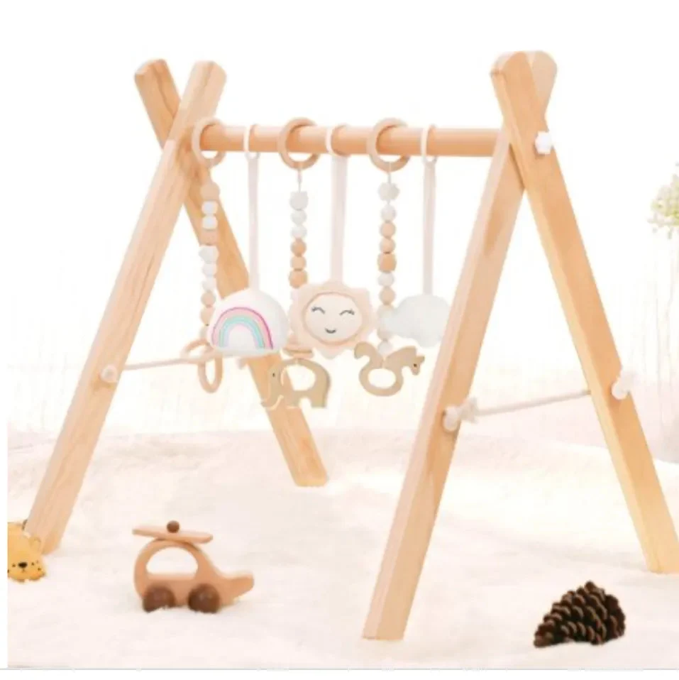 Mallify Wooden Baby Gym with 6 Gym Toys, Foldable Baby Play Gym, Natural Pine Wood Play Gym, Frame Activity Center Hanging Bar, Wooden Play Gym
