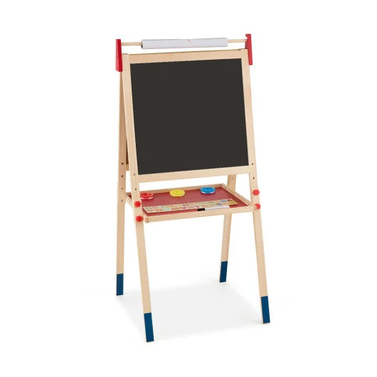 COSTWAY All-in-One Wooden Height Adjustable Kid's Art Easel With Magnetic Stickers and Paper