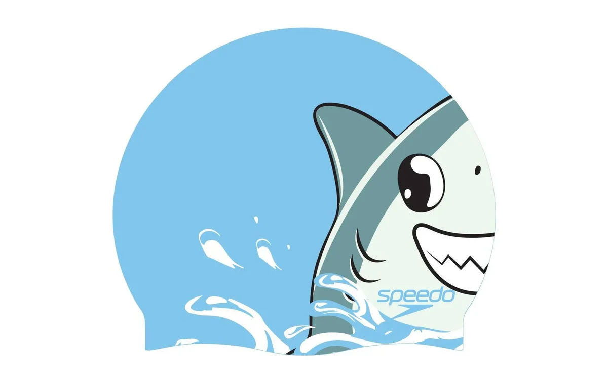 Speedo Kids' Printed Character Silicone Swim Cap - Blue Shark