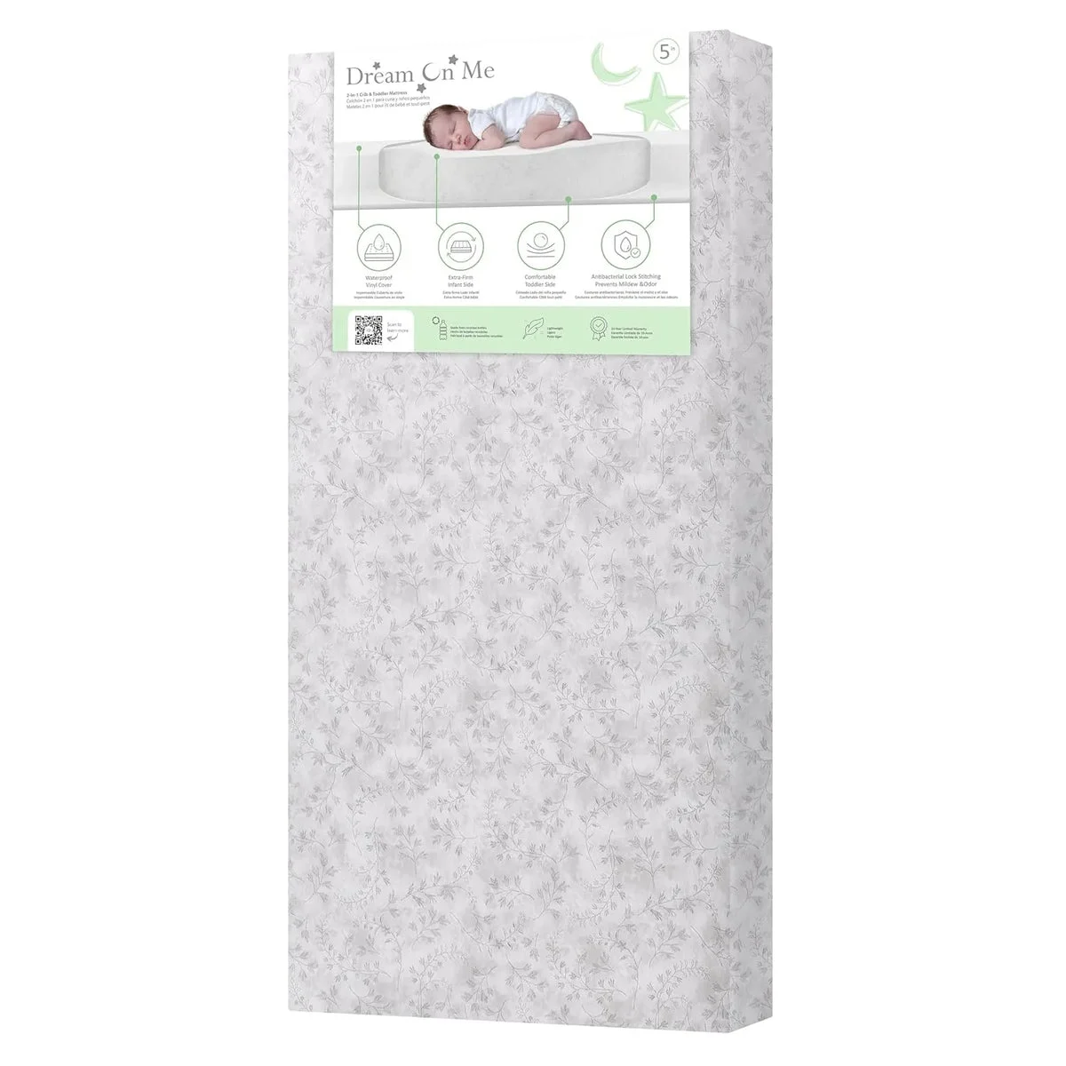 Dream On Me Serene Snooze 5” 2-in-1 Crib & Toddler Mattress – Morning Mist Floral