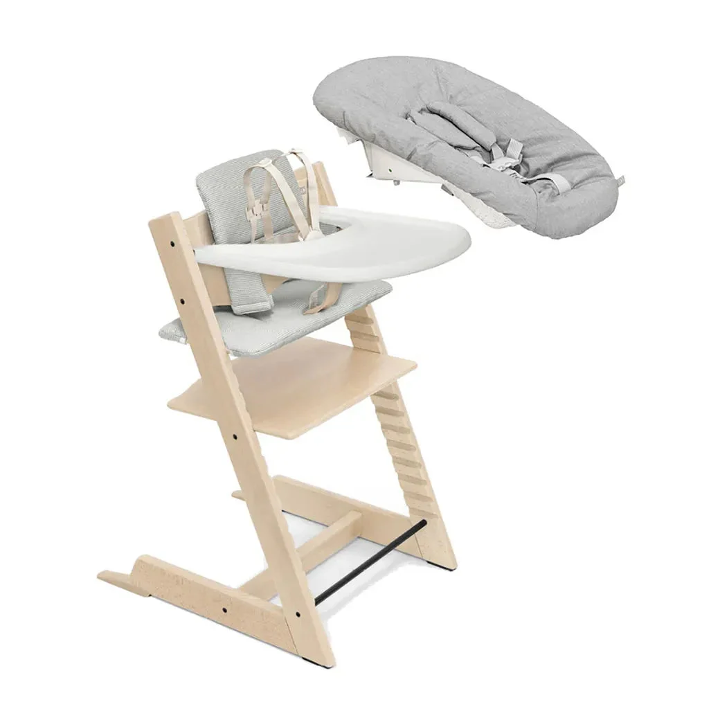 Stokke Tripp Trapp High Chair Complete with Newborn Set Bundle - Natural w/ Nordic Grey Cushion