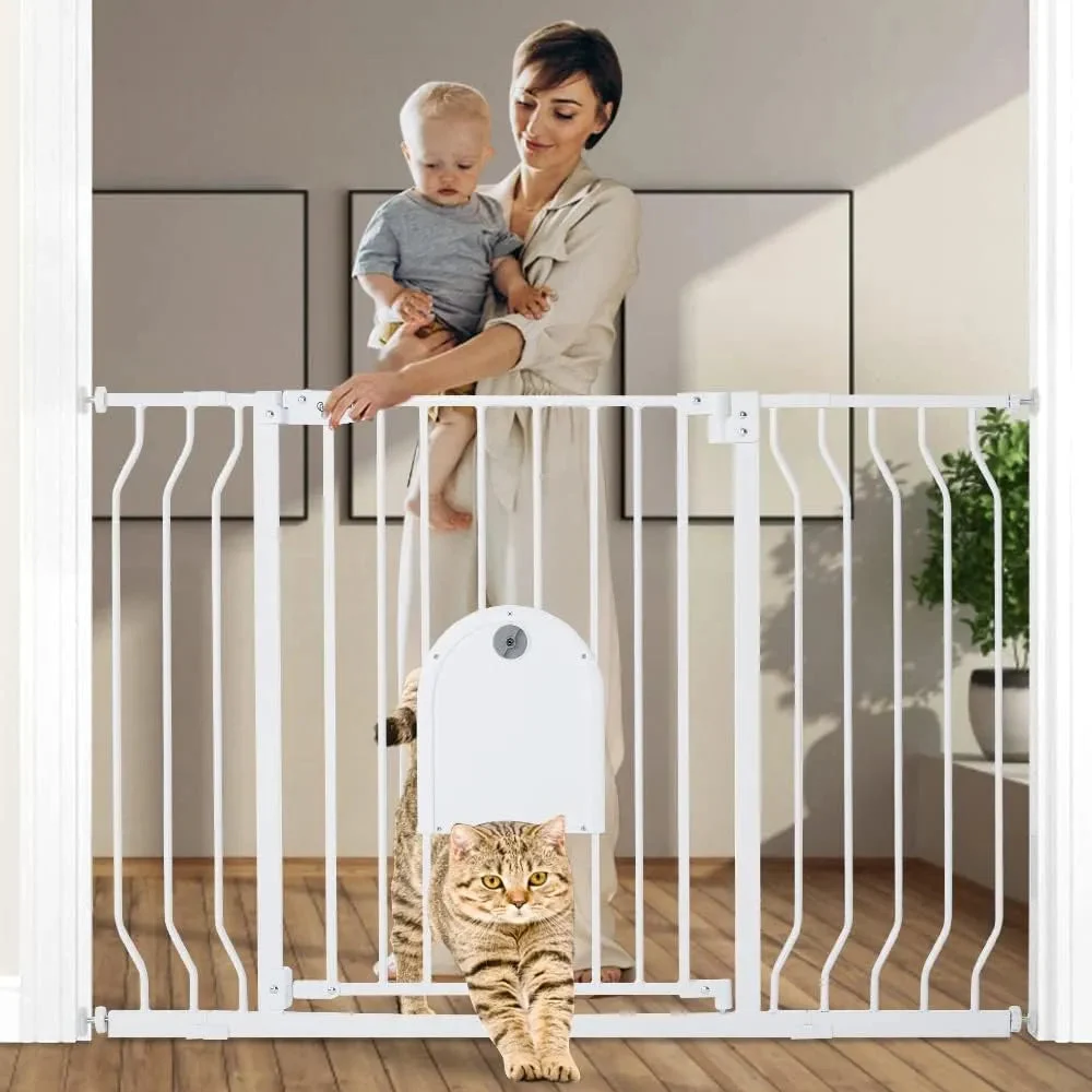 Comomy Extra Wide Baby Gate with Adjustable Cat Door - White