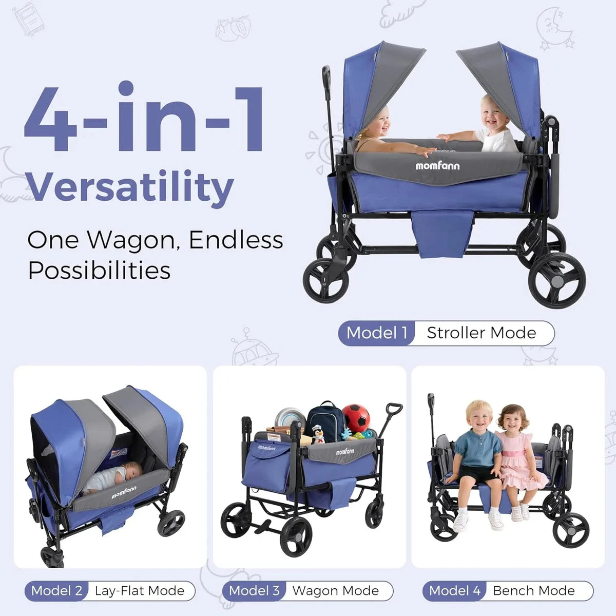 MOMFANN Foldable Stroller Wagon for 2 Kids - Lavender Blue