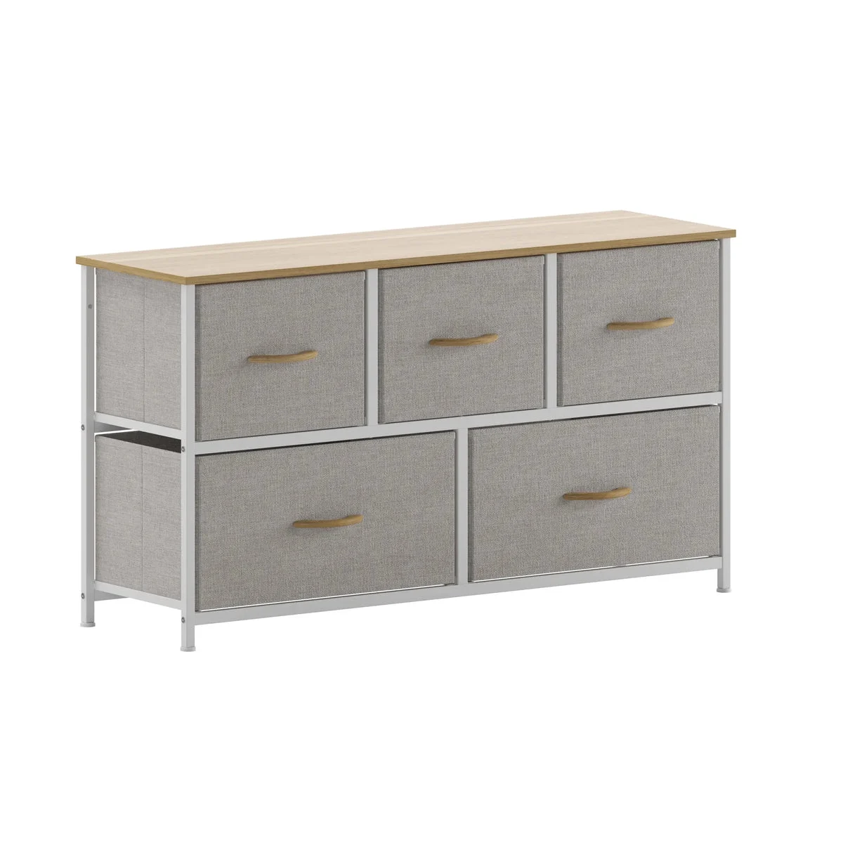 Emma and Oliver 5 Drawer Storage Dresser - White Frame, Oak Top, Beige Drawers