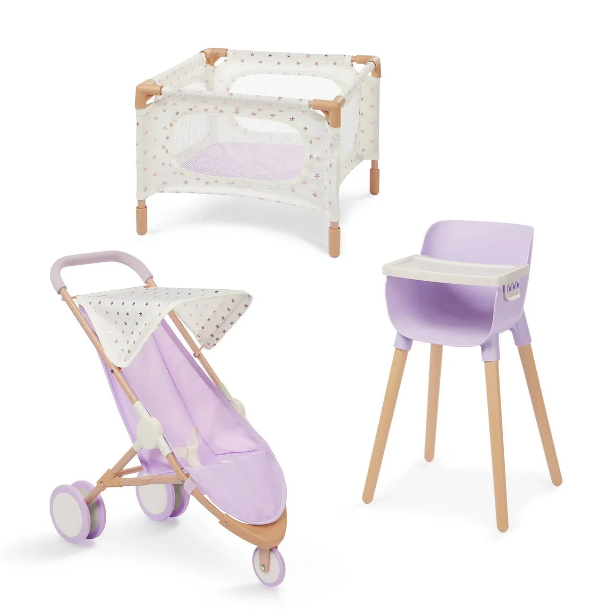 LullaBaby Nursery Playset - 3pc Doll Accessories Set with Stroller & High Chair