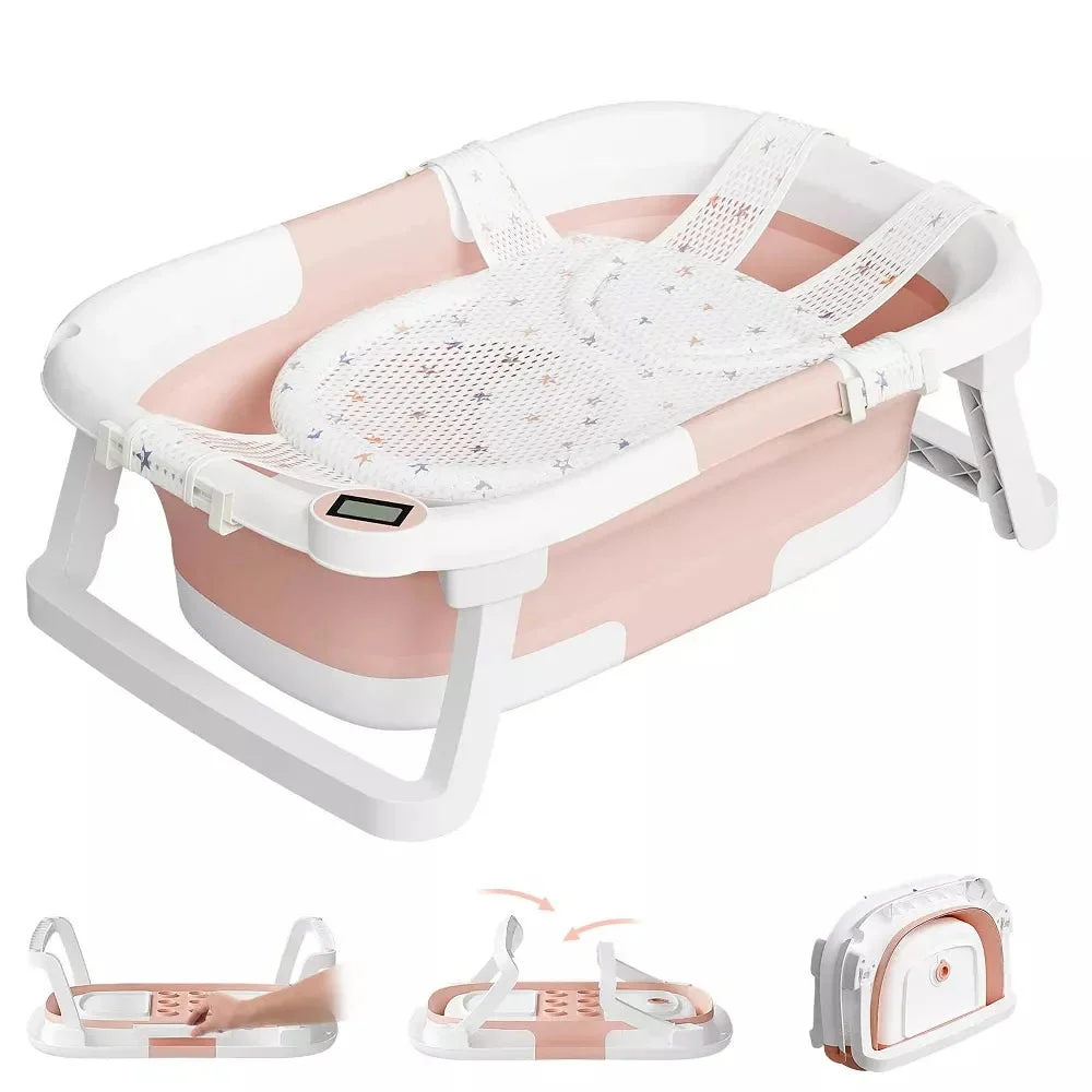 TUMAJUP Collapsible Baby Bathtub for Infants and Toddlers with Bath Net and Thermometer- Pink