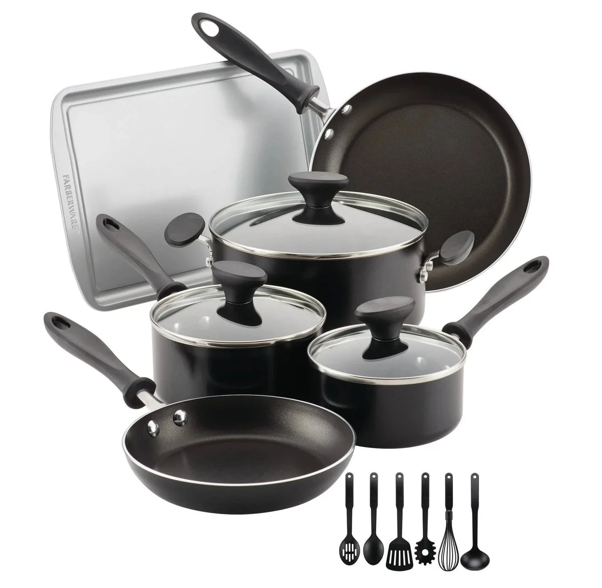 Farberware 15pc Aluminum Nonstick Cookware Set with Prestige Tools- Black