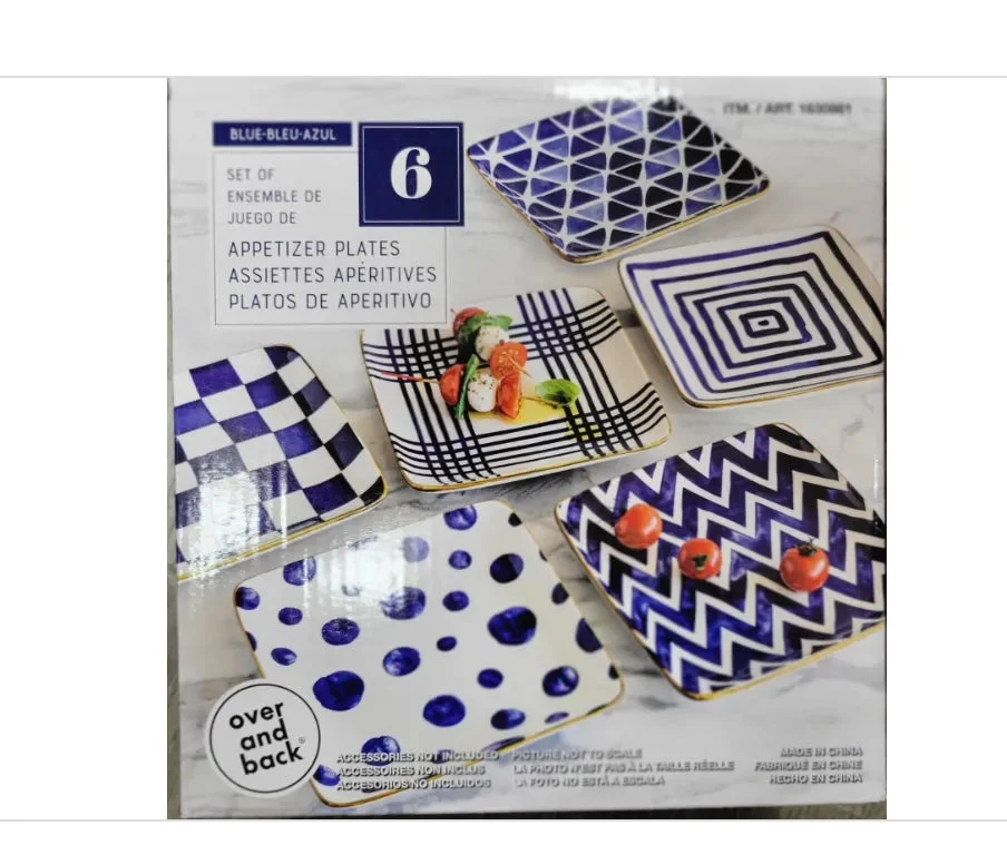 Over&Back Overandback Appetizer Square Plates 6-Pack Stack for Easy Storage Blue or Black