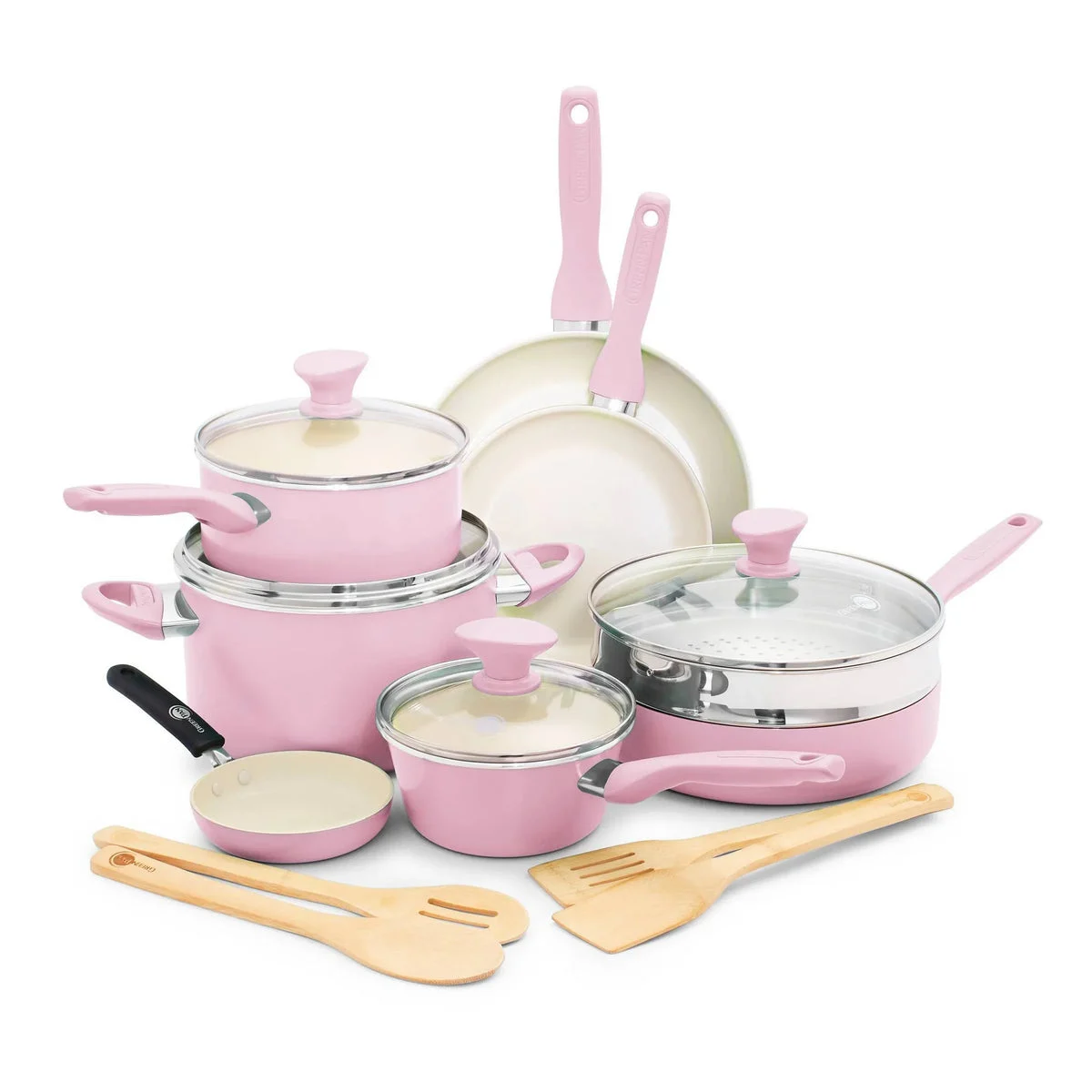 GreenPan Rio 16pc Ceramic Nonstick Cookware Set Blush: Aluminum Pots & Pans, Dishwasher-Safe, Includes Bamboo Utensils (See Description)