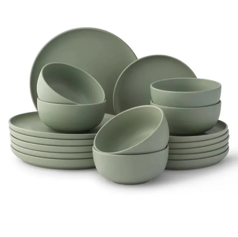JoyJolt 18-Piece Stoneware Dinnerware Set - Matte Sage Green