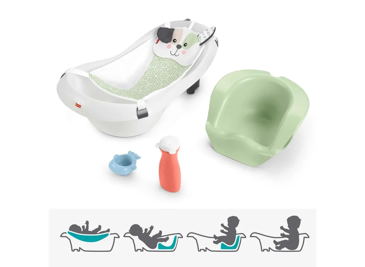 Fisher-Price Baby to Toddler Bath 4-in-1 Sling ‘n Seat Tub with Removable Infant Support and 2 Toys, Puppy Perfection