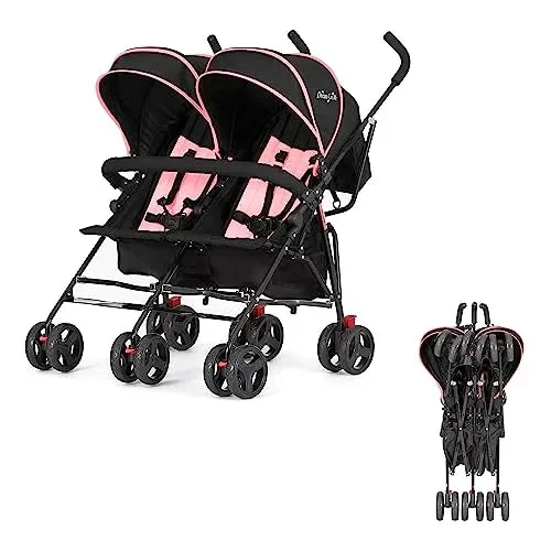 Dream On Me Volgo Twin Umbrella Stroller in Pink, Lightweight Double Stroller for Infant & Toddler, Compact Easy Fold, Large Storage Basket, Large and Adjustable Canopy
