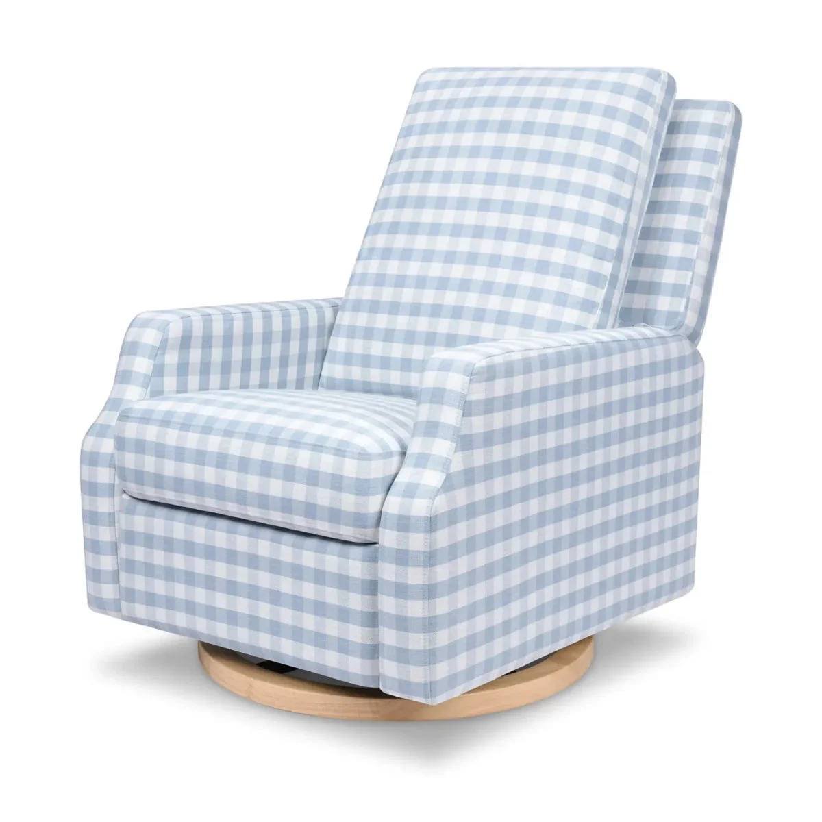 Namesake Crewe Recliner and Swivel Glider - Blue Gingham with Light Wood Base