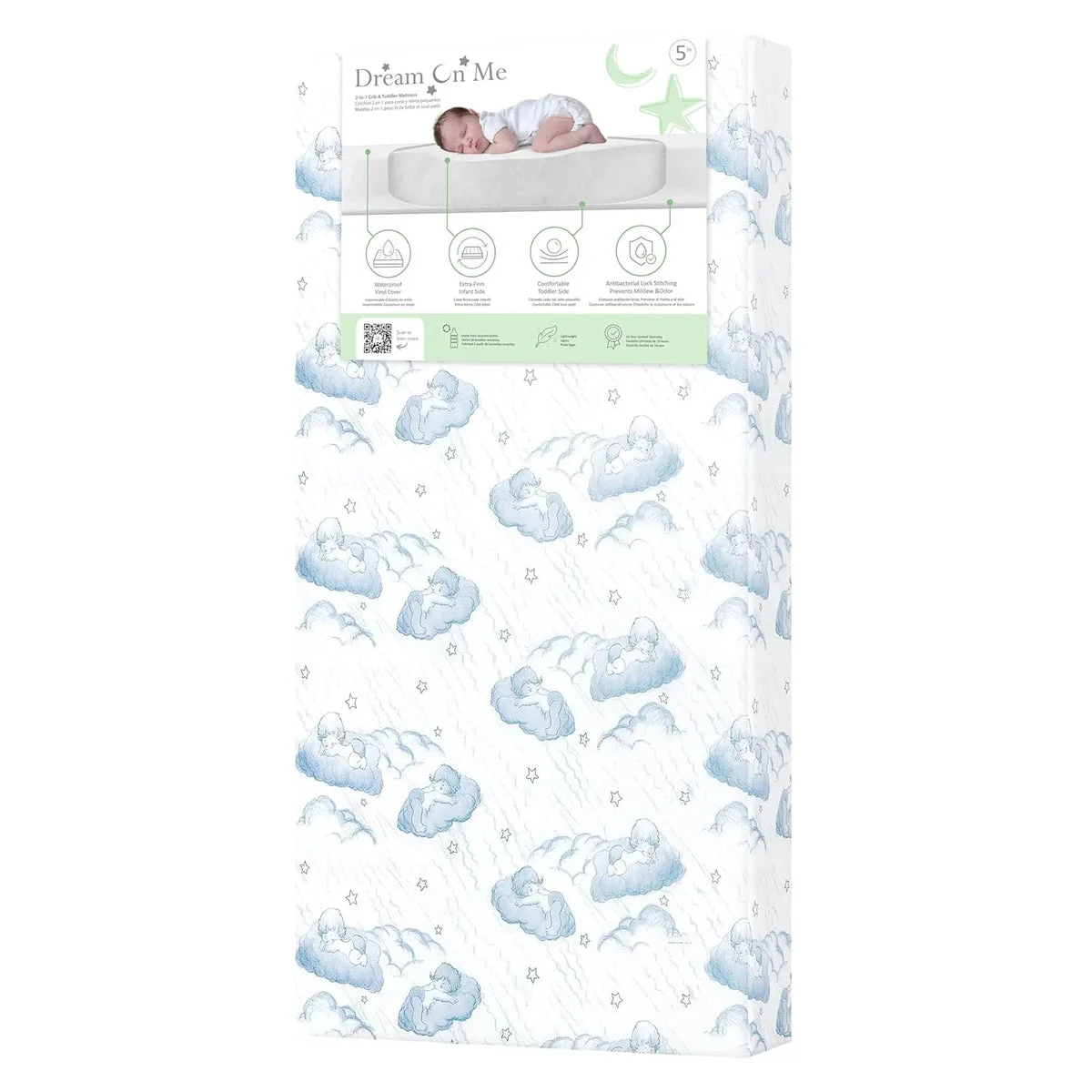 Dream On Me Cozy Cloud 2-in-1 Crib and Toddler Mattress - Blue Cloud