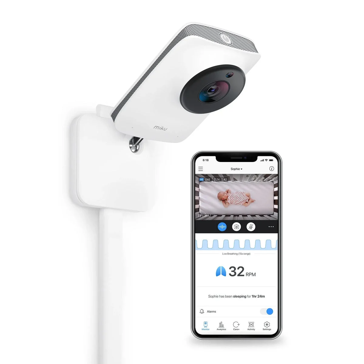 Miku Pro Smart Baby Monitor with Wallmount - White