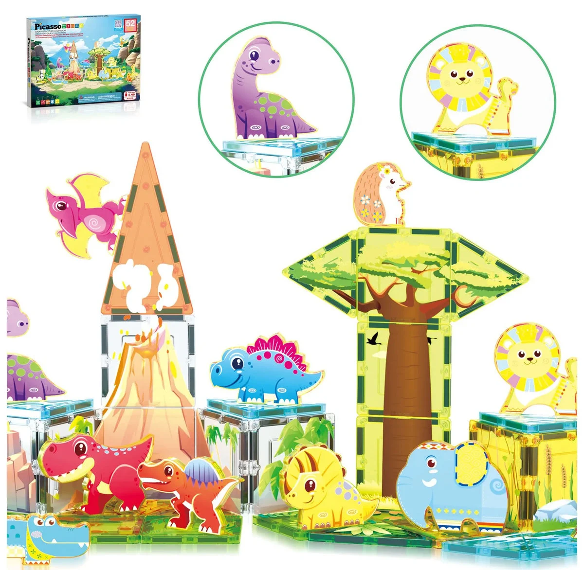 PicassoTiles 52PCS Dinosaur & Safari Magnetic Tile Set