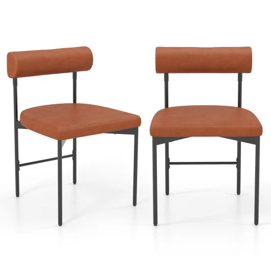 COSTWAY Faux Leather Upholstered Kitchen Side Chair Set of 2 With Curved and Padded Backrest-Brown