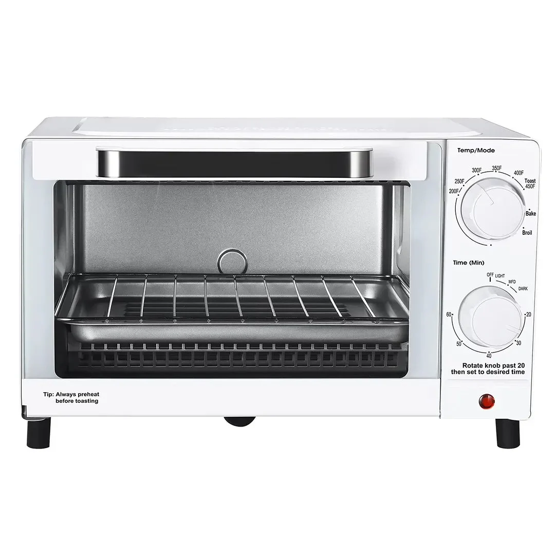 Mainstays 4 Slice Countertop Toaster Oven with 3 Settings, includes baking rack and pan, Arctic White