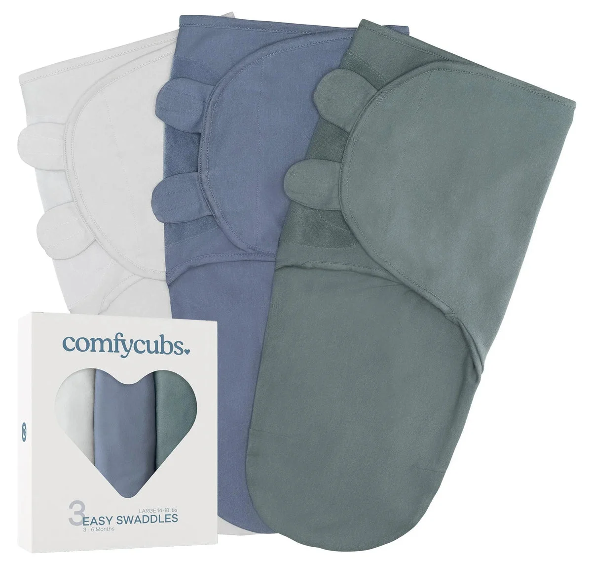 Comfy Cubs Swaddle Blankets 3 Pack Sleep Sack Velcro - Large 3-6 Months, Stone, Nomadic Blue, Azul