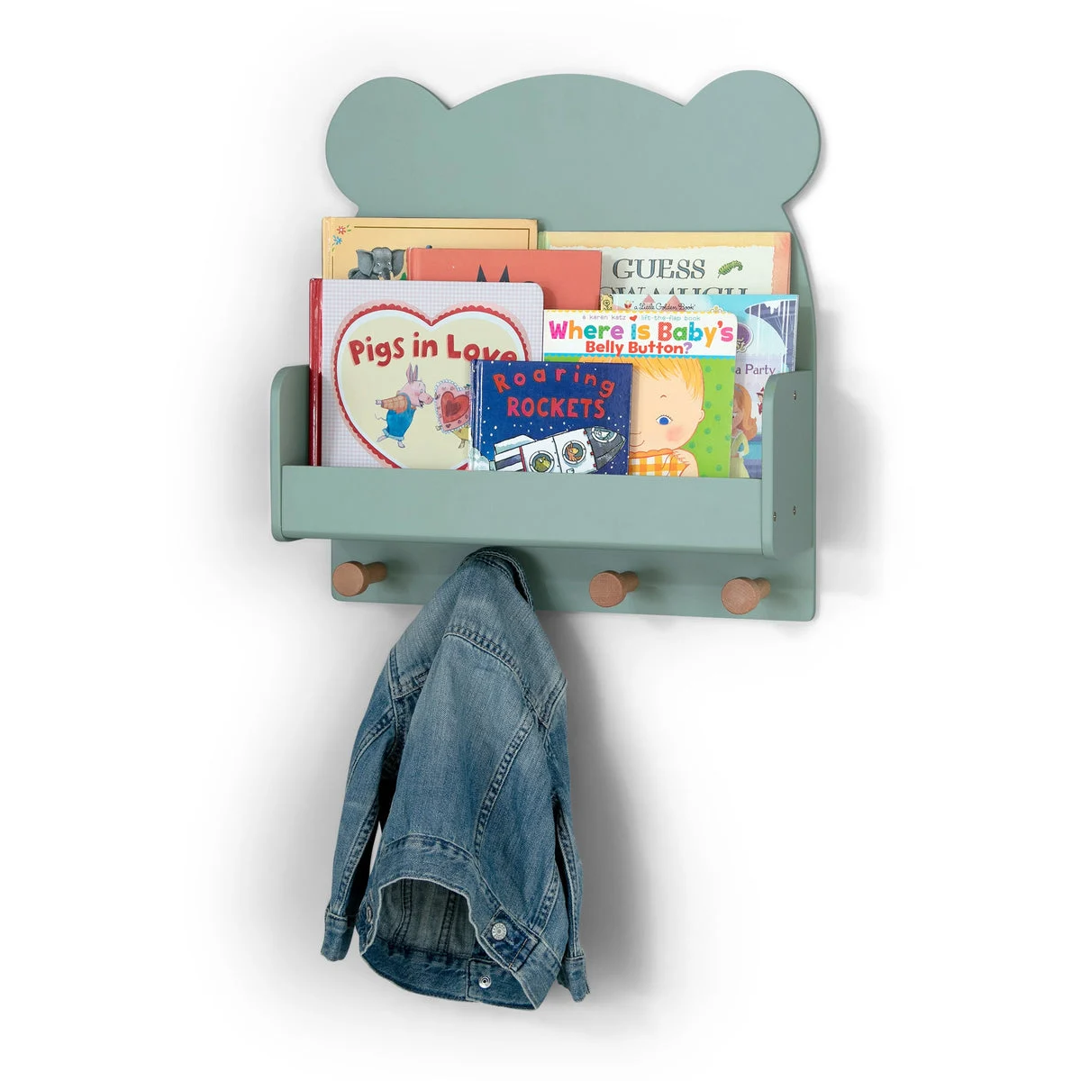 DELTA CHILDREN Brannan Bear Wall Shelf With 4 Hooks - Sage Green