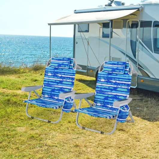 COSTWAY Foldable Backpack Beach Chair With Cup Holder and Storage Pockets Set of 2-Navy