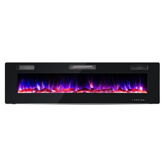 COSTWAY 68 Inch Ultra-Thin Electric Fireplace Recessed Wall Mounted With Crystal Log Decoration