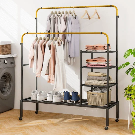COSTWAY Rolling Double Rods Garment Rack With Height Adjustable Hanging Bars-Golden