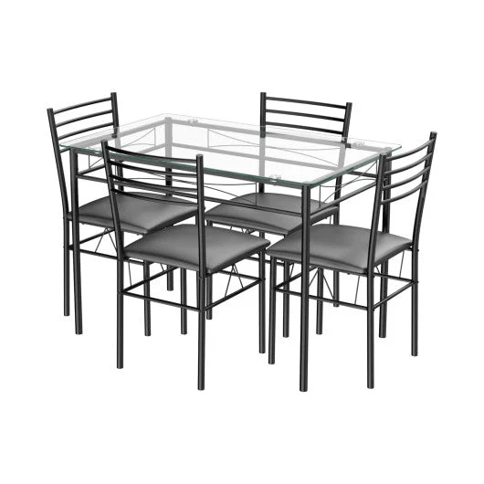 COSTWAY 5 Pieces Dining Set With Tempered Glass Top Table and 4 Upholstered Chairs