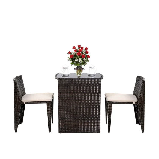 COSTWAY 3 Pieces Cushioned Wicker Patio Bistro Set With No Assembly Needed