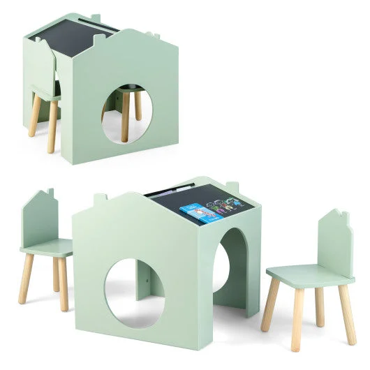 COSTWAY 3 Pieces Wooden Kids Table and Chair Set-Green