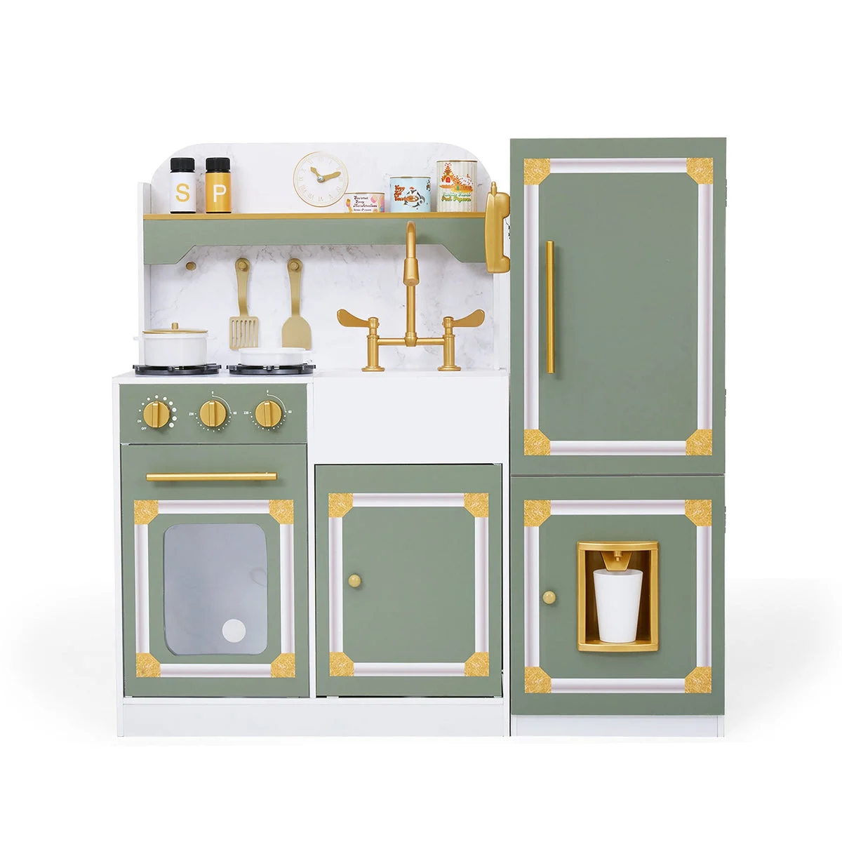 TEAMSON KIDS Versailles Deluxe Play Kitchen Plus Refrigerator and 15 Accessories - Olive Green